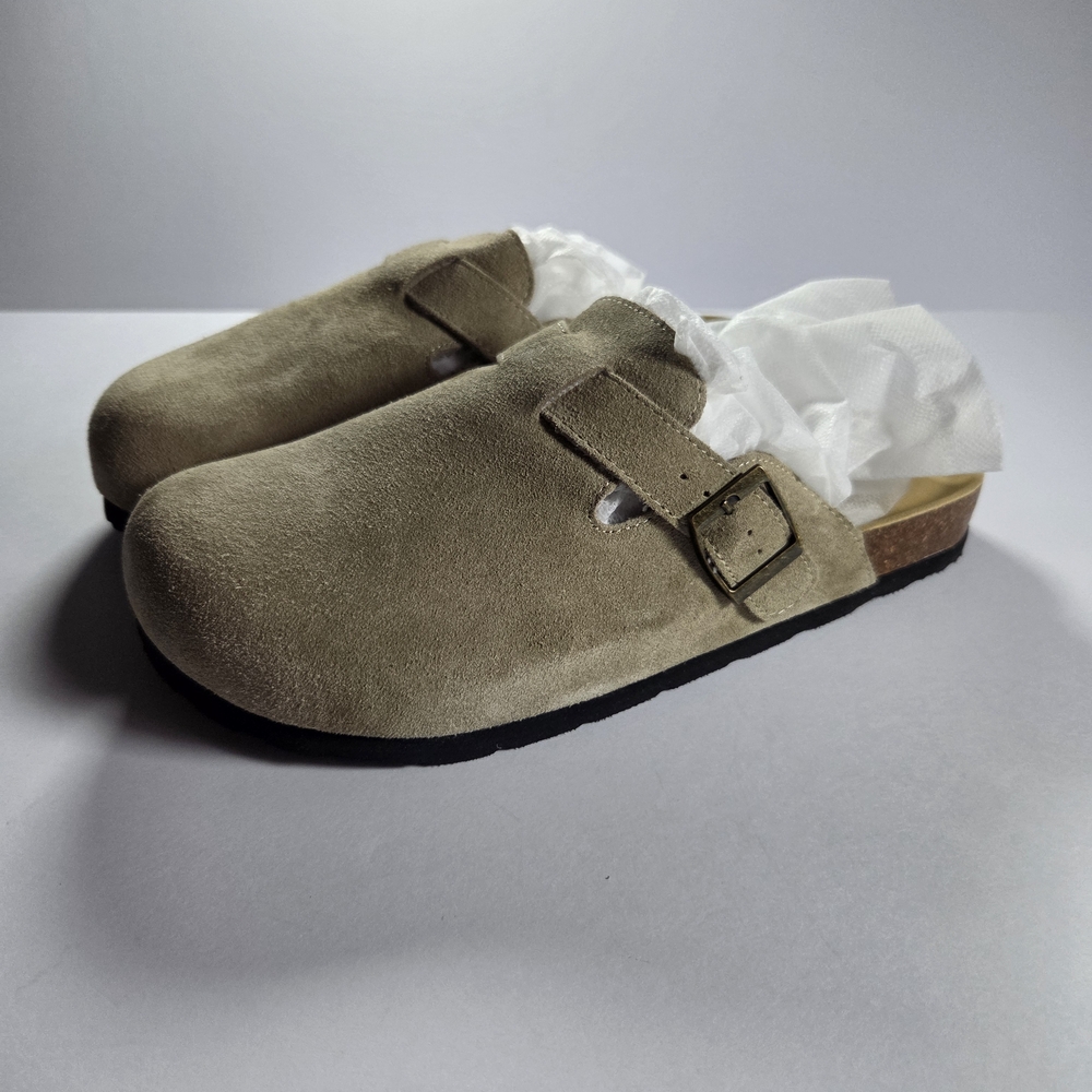 Birkenstock Style Tan Suede Buckle Clogs